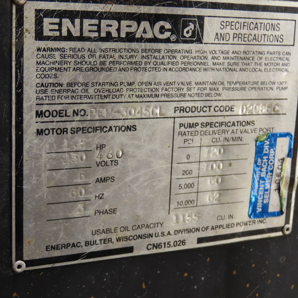 Enerpac PEM-3045CL 1.5HP Electric Hydraulic Power Unit 10000 PSI 230/480V 3Ph