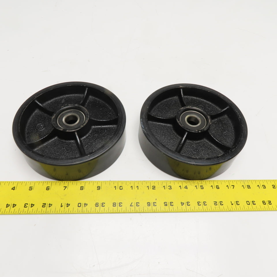 180mm x 50mm Black Polyurethane Over Cast Iron Caster Wheel 20mm Bore Lot Of 2