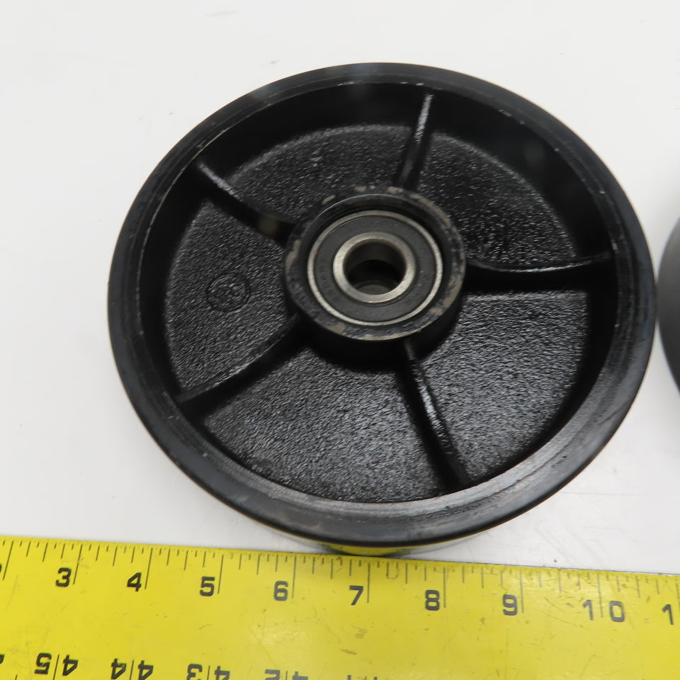 180mm x 50mm Black Polyurethane Over Cast Iron Caster Wheel 20mm Bore Lot Of 2