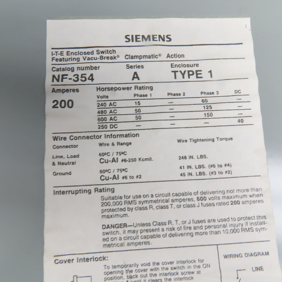 Siemens NF-354 200A 600VAC 250VDC 3 Pole Non Fusible Safety Disconnect Switch