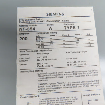 Siemens NF-354 200A 600VAC 250VDC 3 Pole Non Fusible Safety Disconnect Switch