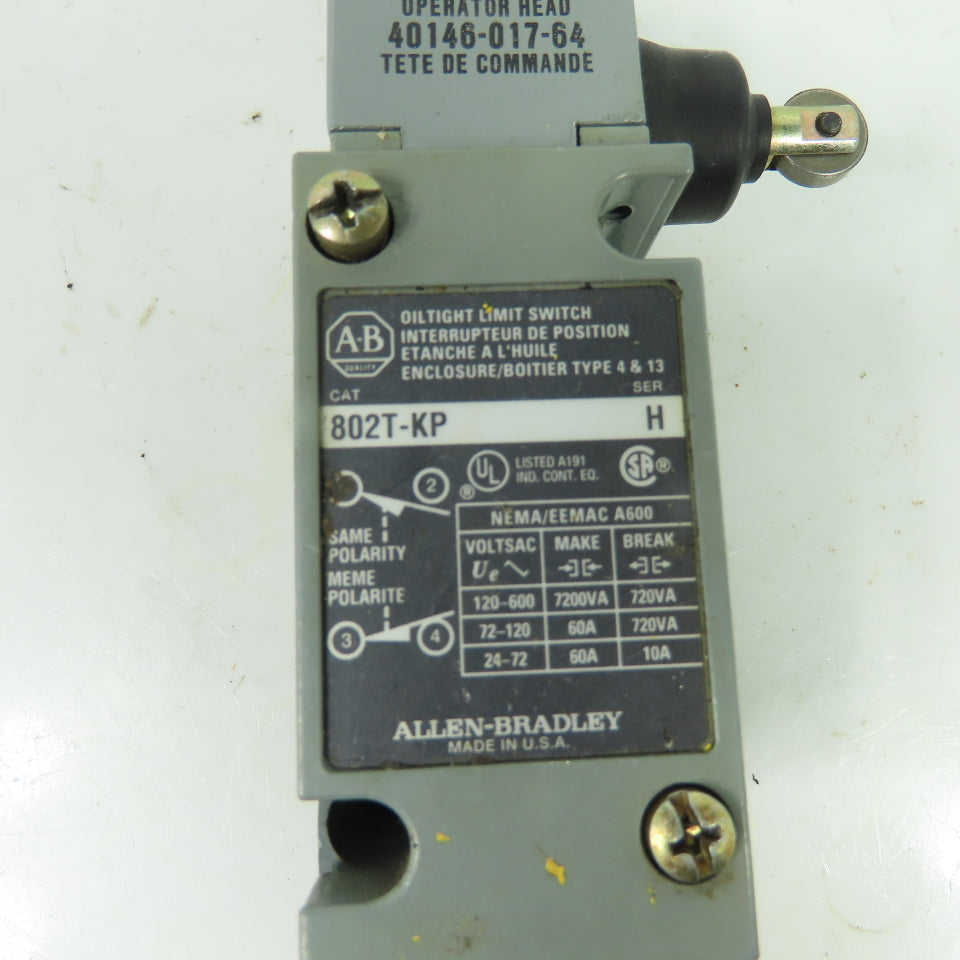 Allen-Bradley 802T-KP Oiltight Limit Switch Ser H W/ 40146-017-64 Operator Head