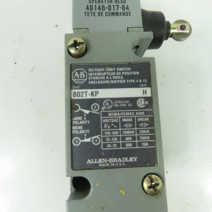Allen-Bradley 802T-KP Oiltight Limit Switch Ser H W/ 40146-017-64 Operator Head