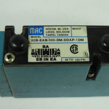 MAC 92B-EAB-000-DM-DDAP-1DM 5/3 Way Solenoid Valve 24VDC 35-120 PSI