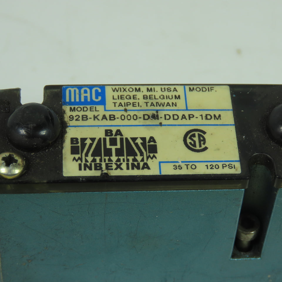 MAC 92B-KAB-000-DM-DDAP-1DM 5/3 Way Pneumatic Solenoid Valve 24VDC 120 PSI