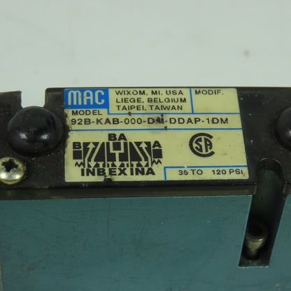 MAC 92B-KAB-000-DM-DDAP-1DM 5/3 Way Pneumatic Solenoid Valve 24VDC 120 PSI