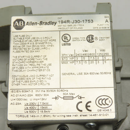 Allen-Bradley 194R-J30-1753 30A 600V 3-Pole Fusible Disconnect Switch