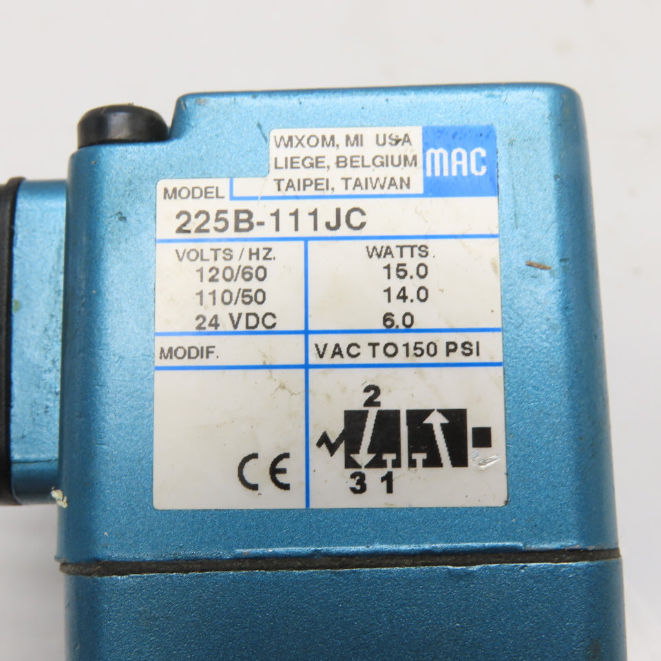 MAC 225B-111JC Solenoid Valve 120/60 110/50 24VDC VAC-150PSI