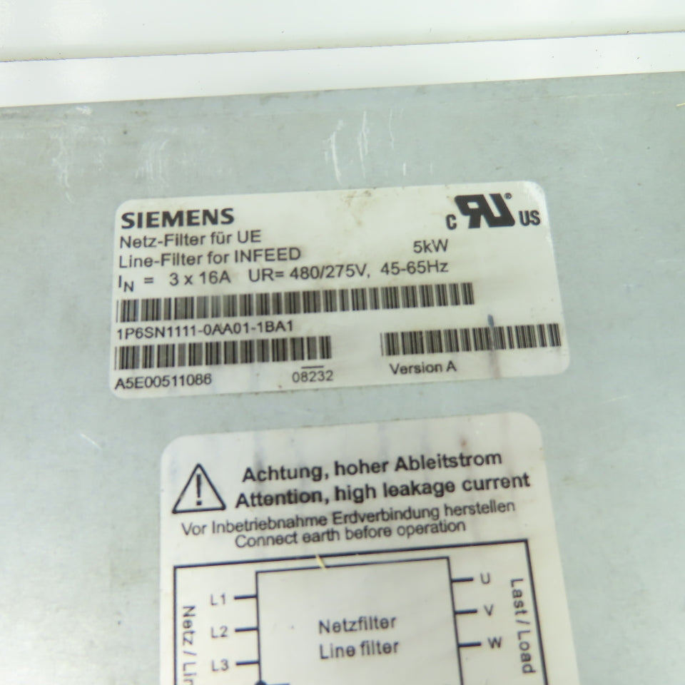 Siemens 1P6SN1111-0AA01-1BA1 Simodrive Line Filter 5kW 16A 480V