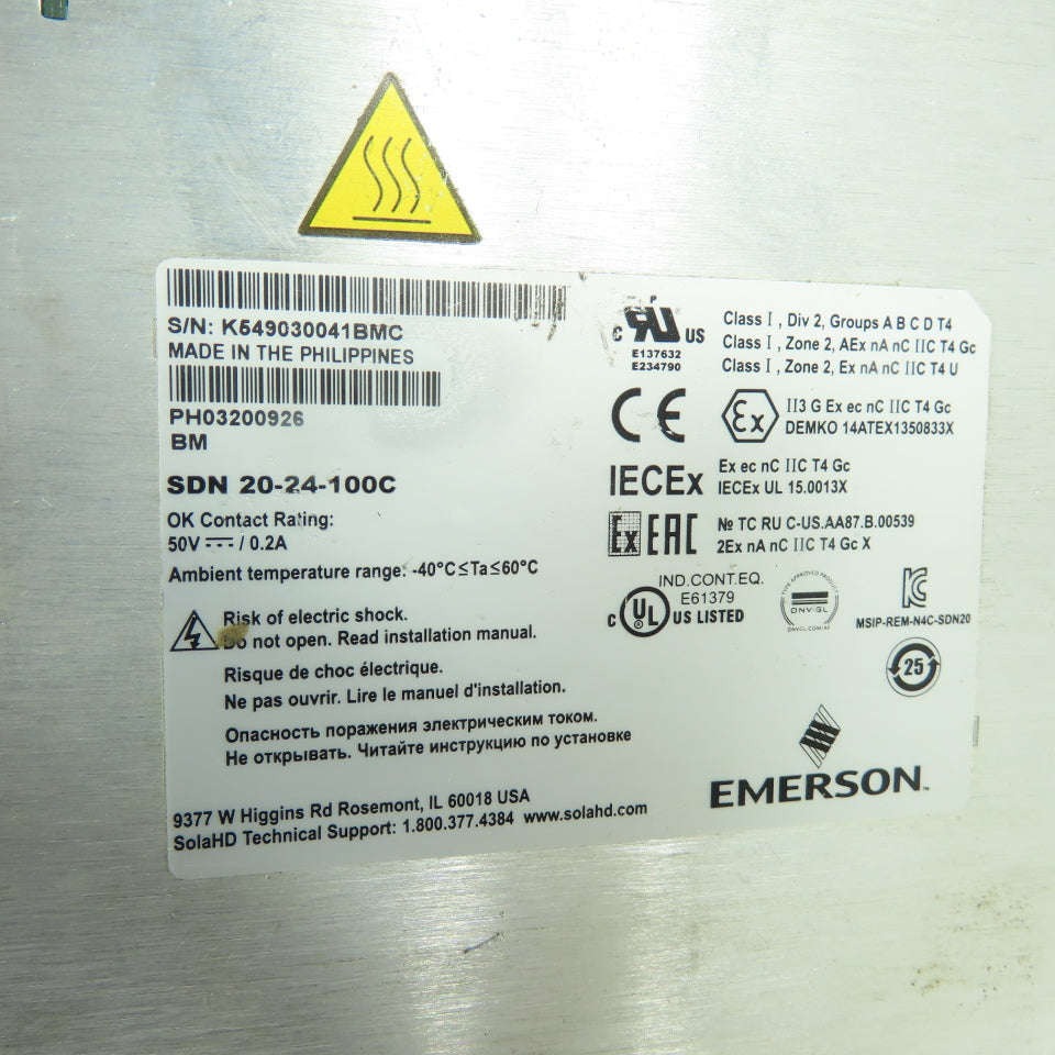 Sola SDN 20-24-100C DIN Rail Power Supply 100-240VAC Input 24VDC 20A Output