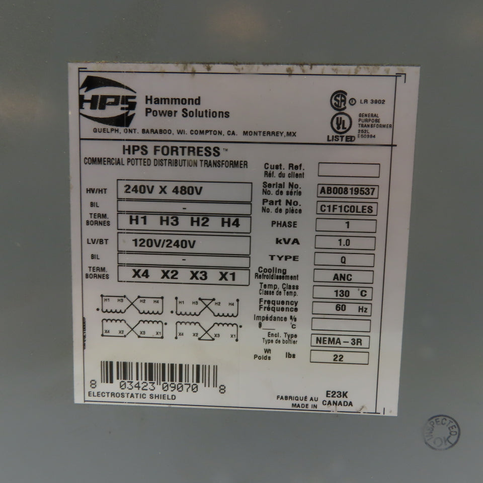 Hammond C1F1C0LES 1.0kVA Transformer 240Vx480V 120V/240V 1Ph