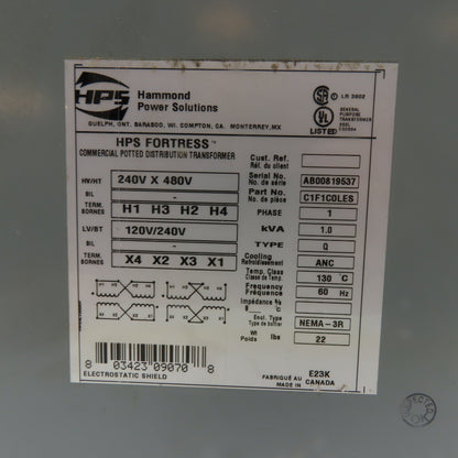 Hammond C1F1C0LES 1.0kVA Transformer 240Vx480V 120V/240V 1Ph