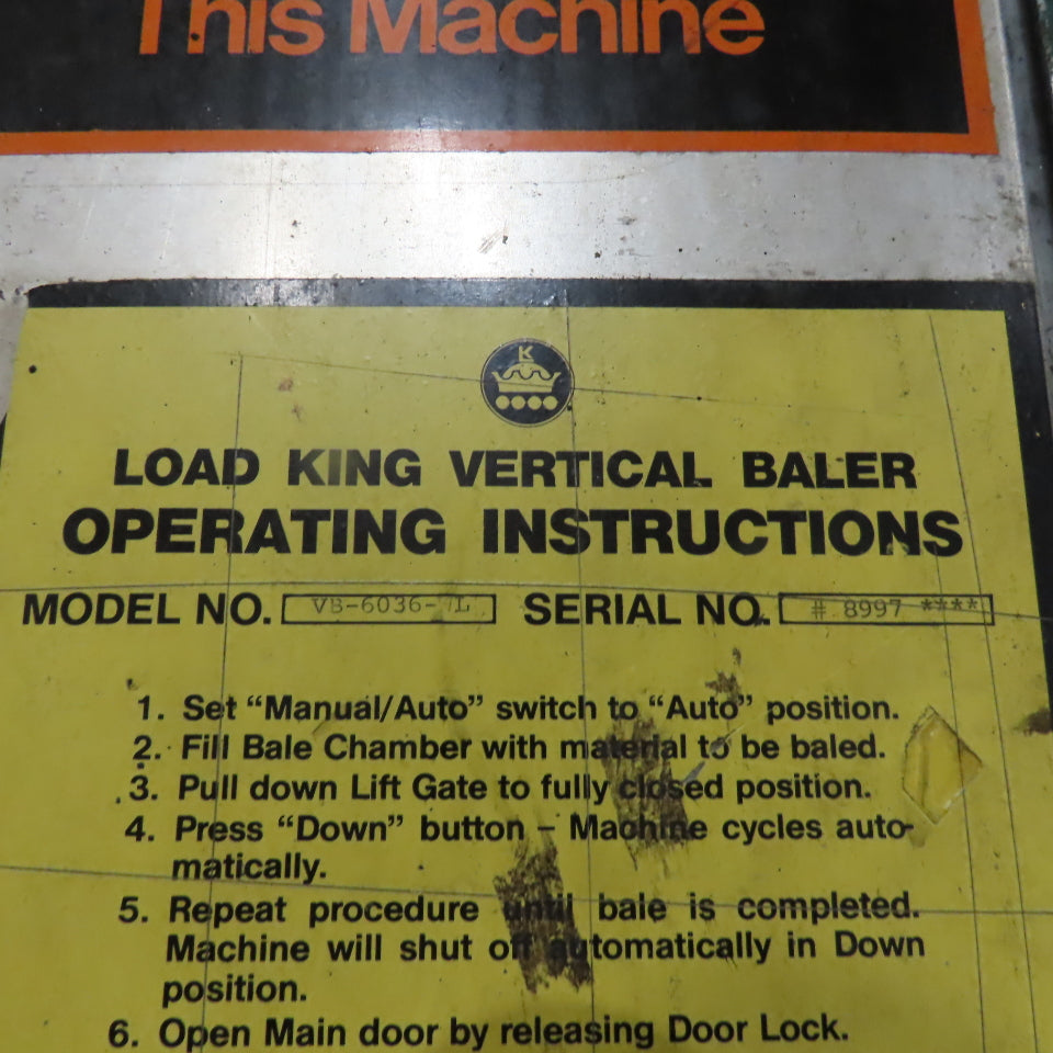 Load King VB-6036-WL 36" x 60" Cardboard Trash Vertical Compactor Baler 10Hp 3Ph