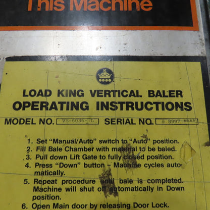 Load King VB-6036-WL 36" x 60" Cardboard Trash Vertical Compactor Baler 10Hp 3Ph