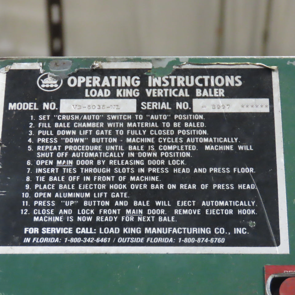 Load King VB-6036-WL 36" x 60" Cardboard Trash Vertical Compactor Baler 10Hp 3Ph