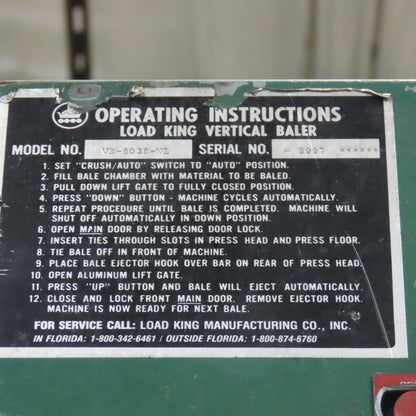 Load King VB-6036-WL 36" x 60" Cardboard Trash Vertical Compactor Baler 10Hp 3Ph