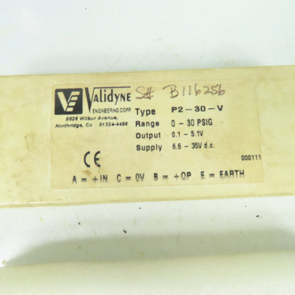 Validyne Engineering Corp P2-30-V 0-30 PSIG Pressure Transducer 0.1-5.1V Output