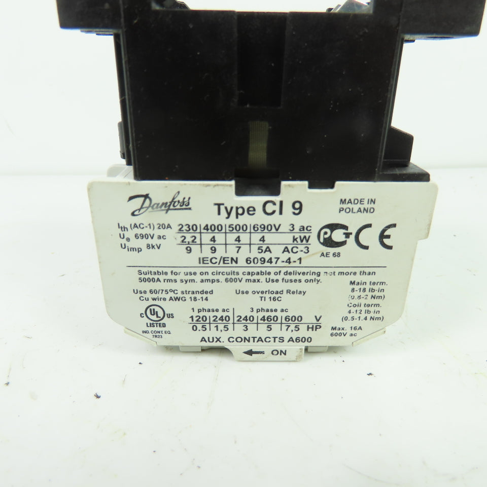 Danfoss 037H002132 CI 9 3-Pole Magnetic Contactor 20A 600V 440V Coil