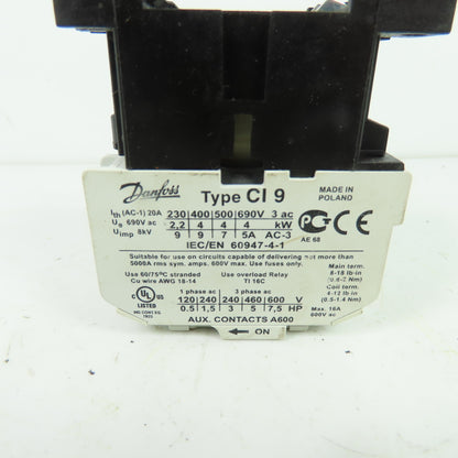 Danfoss 037H002132 CI 9 3-Pole Magnetic Contactor 20A 600V 440V Coil