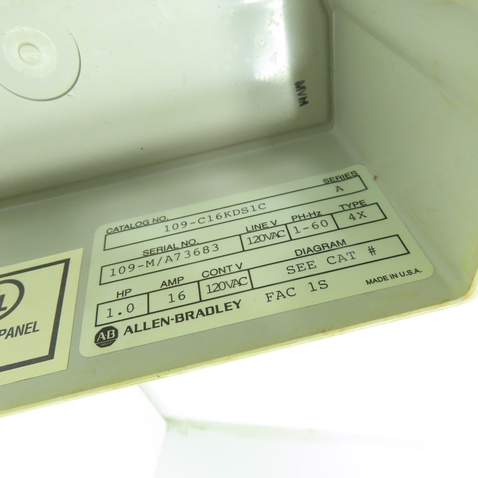 Allen-Bradley 109-C16KDS1C Type 4X Industrial Starter Plastic Housing Enclosure