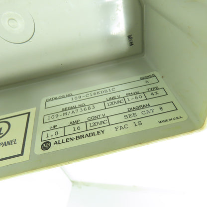 Allen-Bradley 109-C16KDS1C Type 4X Industrial Starter Plastic Housing Enclosure