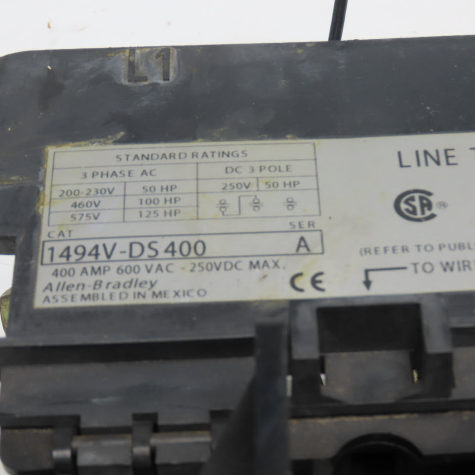 ALLEN-BRADLEY 1494V-DS400 400A 3-Pole Disconnect Switch 600VAC 250VDC