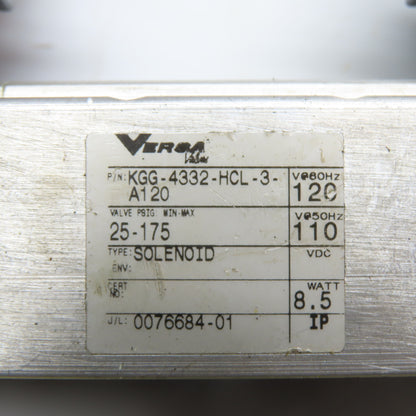 Versa KGG-4332-HCL-3-A120 Solenoid Valve 120V 60Hz 110V 50Hz 8.5W 25-175 PSI