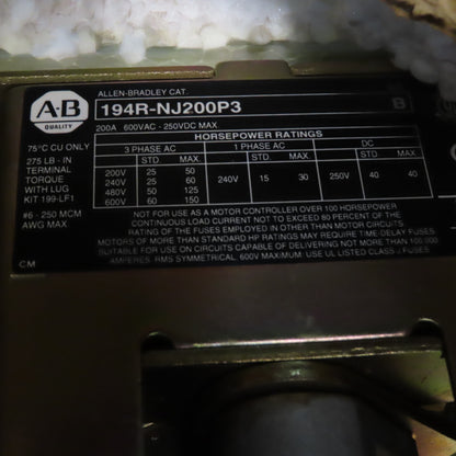 Allen-Bradley 194R-NJ200P3 200A 3-Pole Fusible Safety Disconnect Switch 600VAC