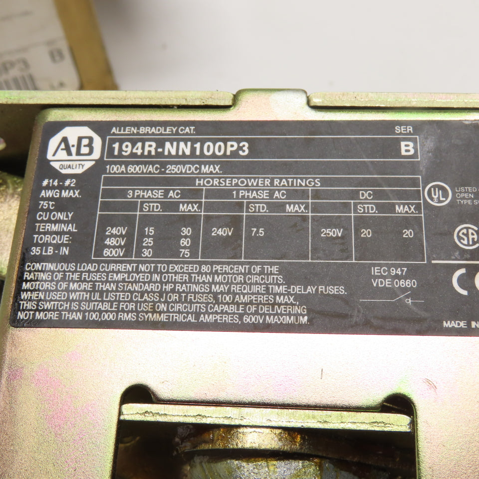 Allen-Bradley 194R-NN100P3 100A 3-Pole Non-Fusible Safety Disconnect Switch 600V