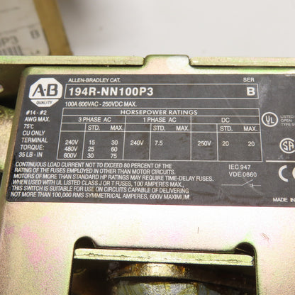 Allen-Bradley 194R-NN100P3 100A 3-Pole Non-Fusible Safety Disconnect Switch 600V