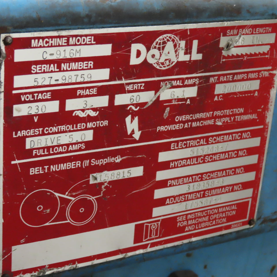 DoAll C-916M 9" x 16" Horizontal Band Saw Variable Speed 208-480V 3Ph
