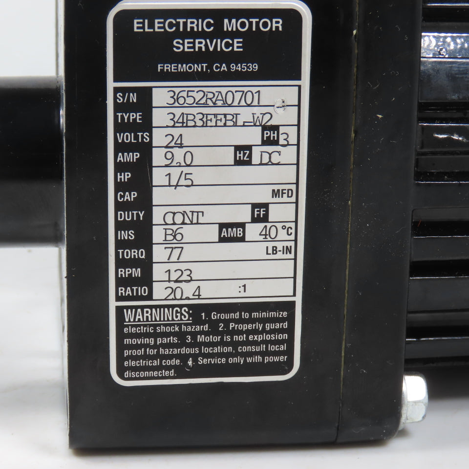 Bodine 34B3FEBL-W2 24VDC 1/5HP Gear Motor 20.4:1 Ratio 77 Lb-in 123RPM + Encoder