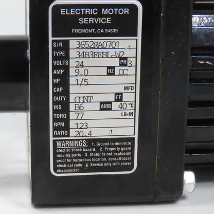 Bodine 34B3FEBL-W2 24VDC 1/5HP Gear Motor 20.4:1 Ratio 77 Lb-in 123RPM + Encoder