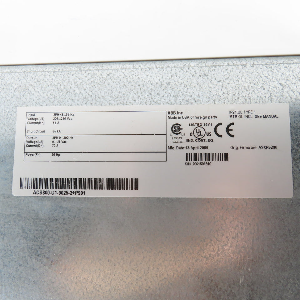 ABB ACS800-U1-0025-2+P901 25HP Variable Frequency Drive 240VAC 72A 3PH