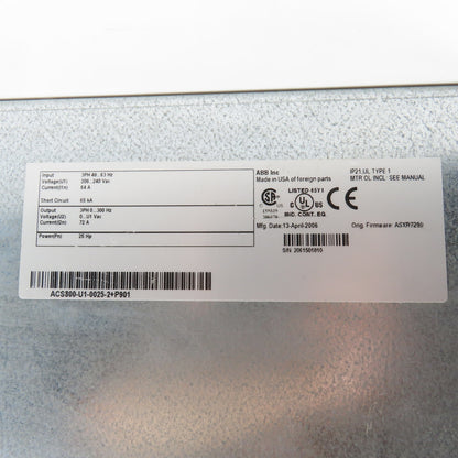 ABB ACS800-U1-0025-2+P901 25HP Variable Frequency Drive 240VAC 72A 3PH