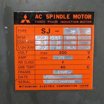 Mitsubishi SJ-22 16.5/22kW AC Spindle Motor 200V 5000RPM 3Ph