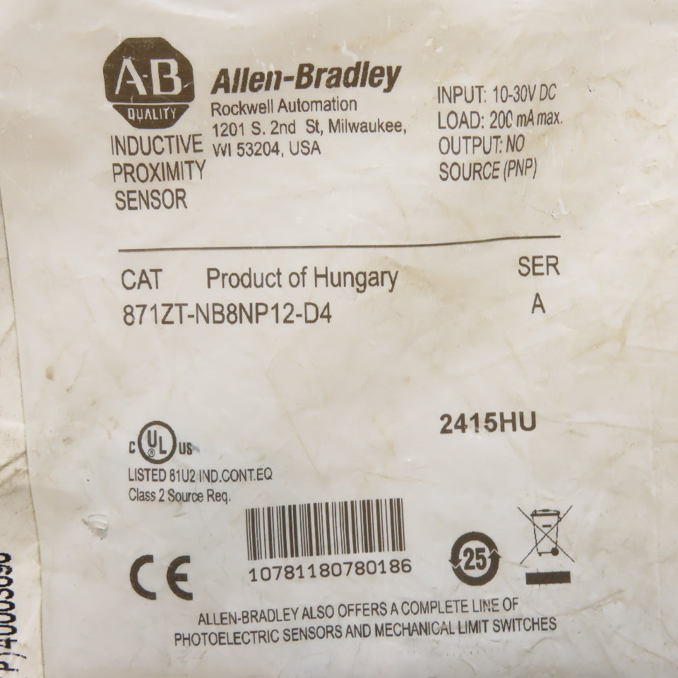 Allen-Bradley 871ZT-NB8NP12-D4 Inductive Proximity Sensor 8mm Sensing 10-30VDC
