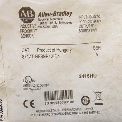 Allen-Bradley 871ZT-NB8NP12-D4 Inductive Proximity Sensor 8mm Sensing 10-30VDC