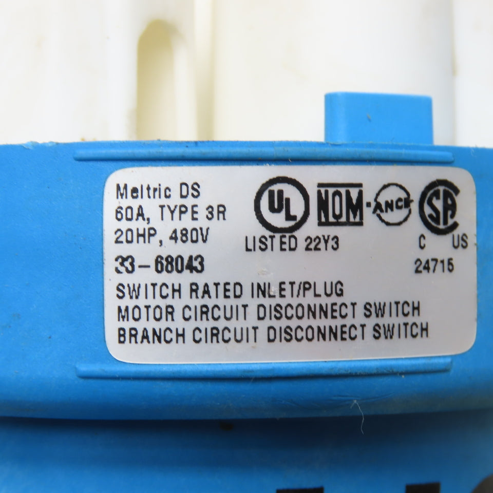 Meltric 33-68043 DS Switch Rated Inlet Plug 60A 480V 3Ph 20HP