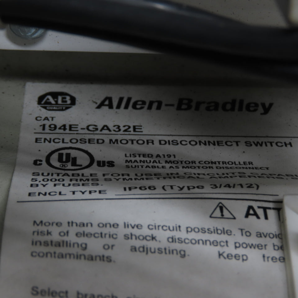 Allen-Bradley 194E-GA32E 32A Enclosed Motor Disconnect Switch 600V IP66