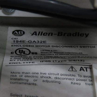Allen-Bradley 194E-GA32E 32A Enclosed Motor Disconnect Switch 600V IP66