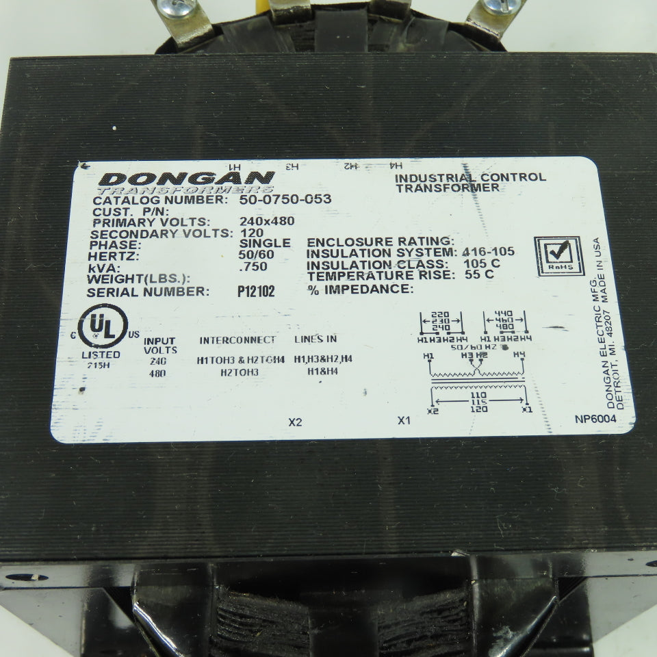 Dongan 50-0750-053 .750 kVA Control Transformer 240x480V Primary 120V Secondary