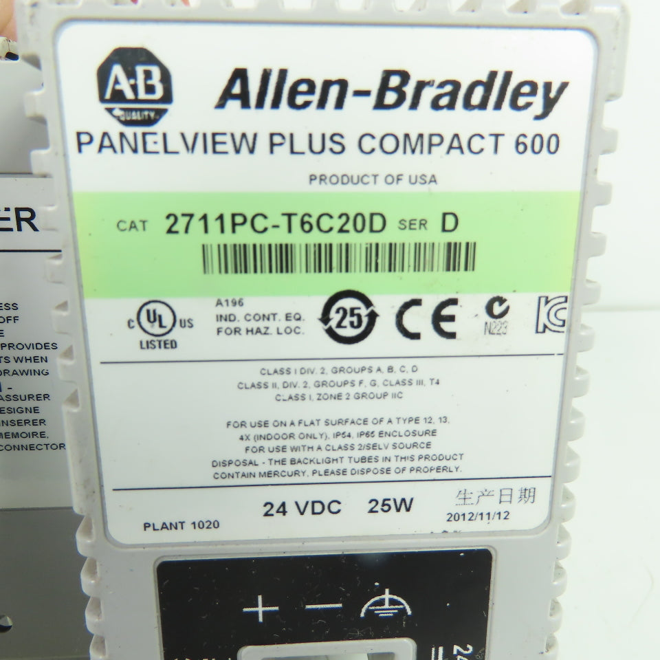 Allen-Bradley 2711PC-T6C20D Ser D PanelView Plus Compact 600 Touch Screen 24VDC