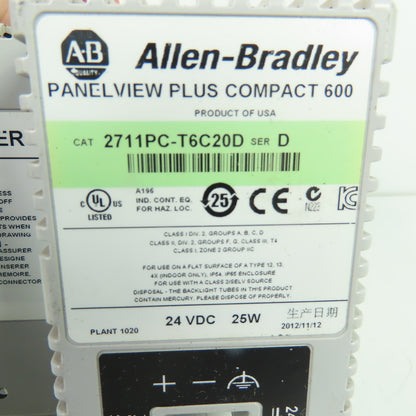 Allen-Bradley 2711PC-T6C20D Ser D PanelView Plus Compact 600 Touch Screen 24VDC