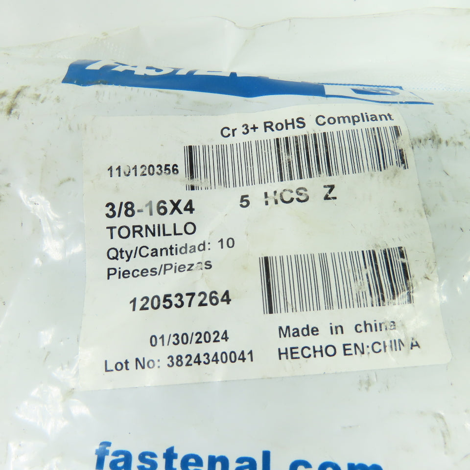 Fastenal 120537264 Zinc Plated Hex Cap Screw 3/8-16 x 4 Grade 5 10-Pack