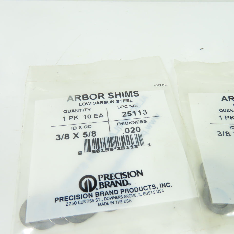 Precision 25113 Arbor Shims 3/8" ID x 5/8" OD x 0.020" Low Carbon Steel Lot/20