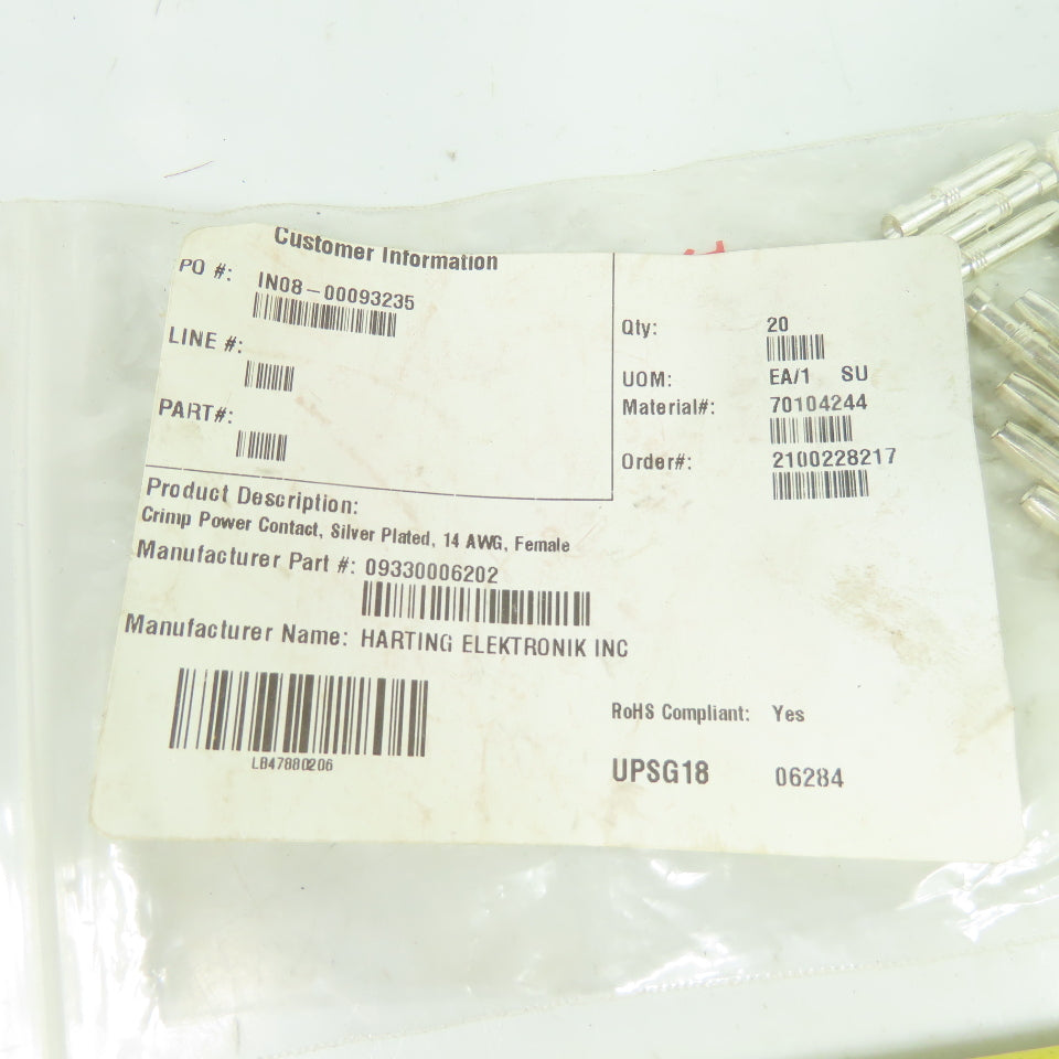 Harting 09330006202 Crimp Power Contacts Silver Plated 14 AWG Female