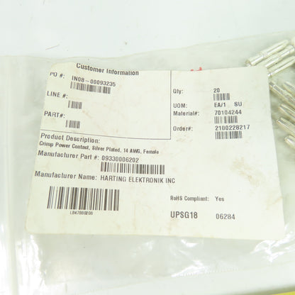 Harting 09330006202 Crimp Power Contacts Silver Plated 14 AWG Female