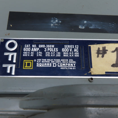 Square D QMB-366W Series E2 600A 3 Pole 600VAC Panelboard Disconnect