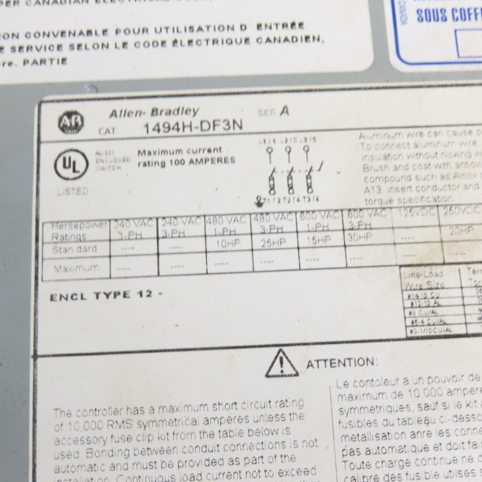 Allen Bradley 1494H-DF3N 100A 600V 3 Pole Non Fusible Safety Disconnect